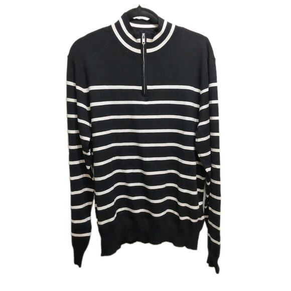 *NWT* Mens Abbott Elementary Large Black/Ivory Stripe 3/4 Zip Sweater #M25 - Picture 1 of 3